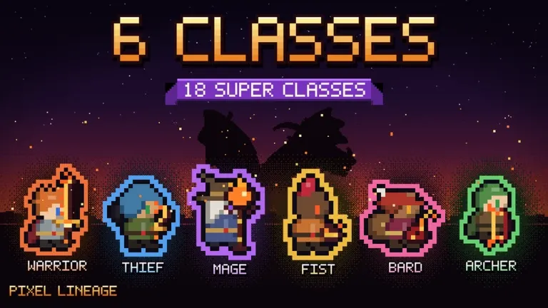 Pixel Lineage artwork showing the six classes: Warrior, Thief, Mage, Fist, Bard and Archer