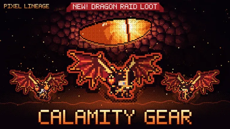 Dragon Raid loot artwork from the Pixel Lineage Roblox page: Calamity Gear