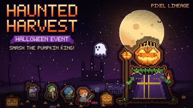 Haunted Harvest Halloween event artwork from the Pixel Lineage Roblox page: smash the Pumpkin King